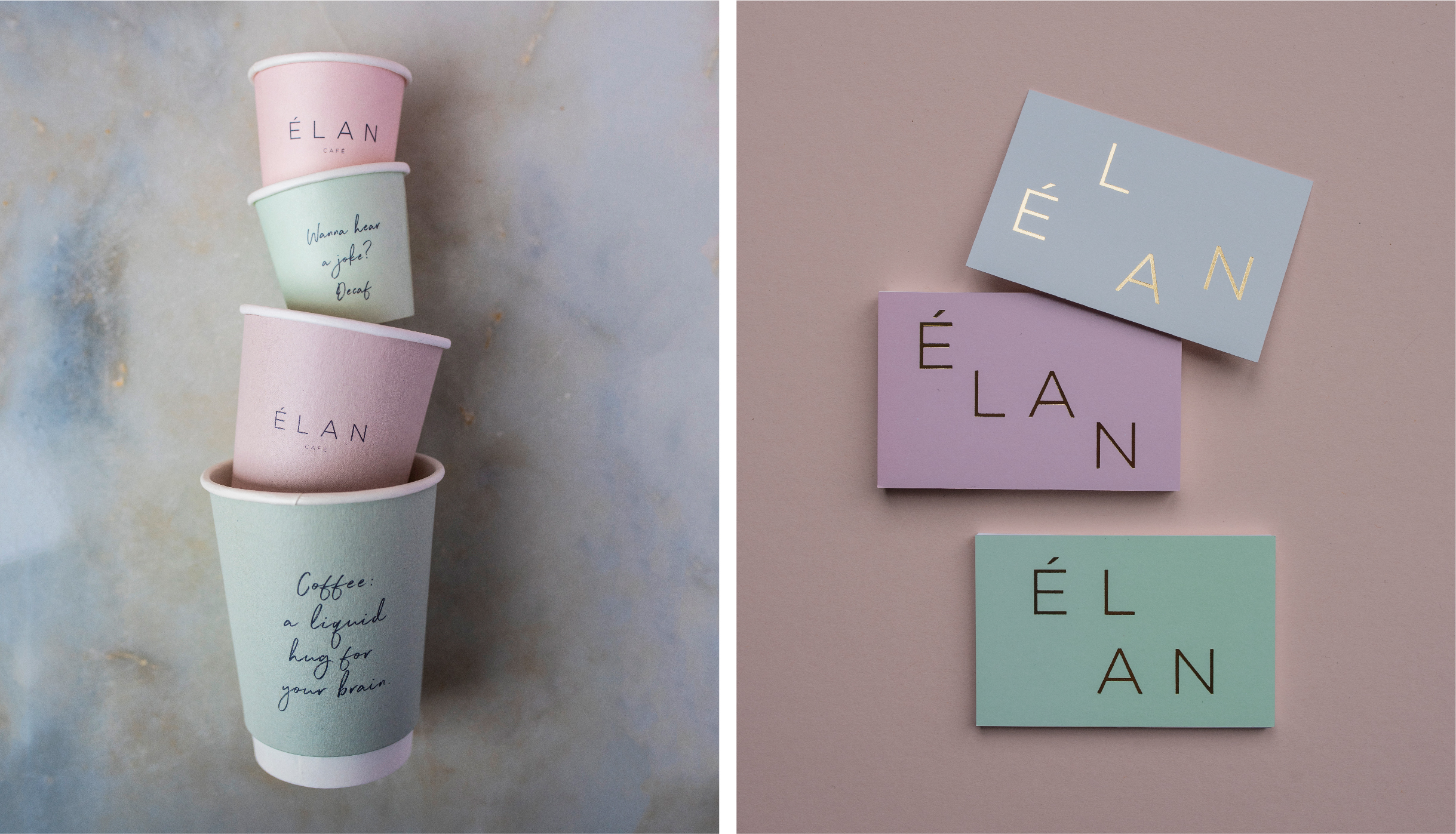 Branded coffee cups on a marble background and gold foil loyalty business cards