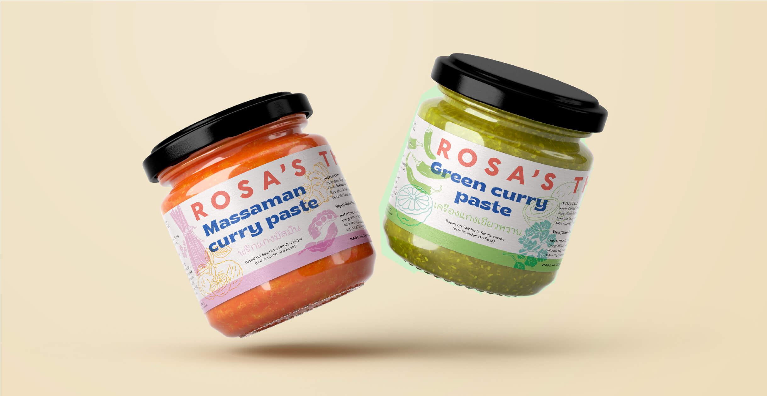 Rosa's Thai packaging curry pastes and sauces